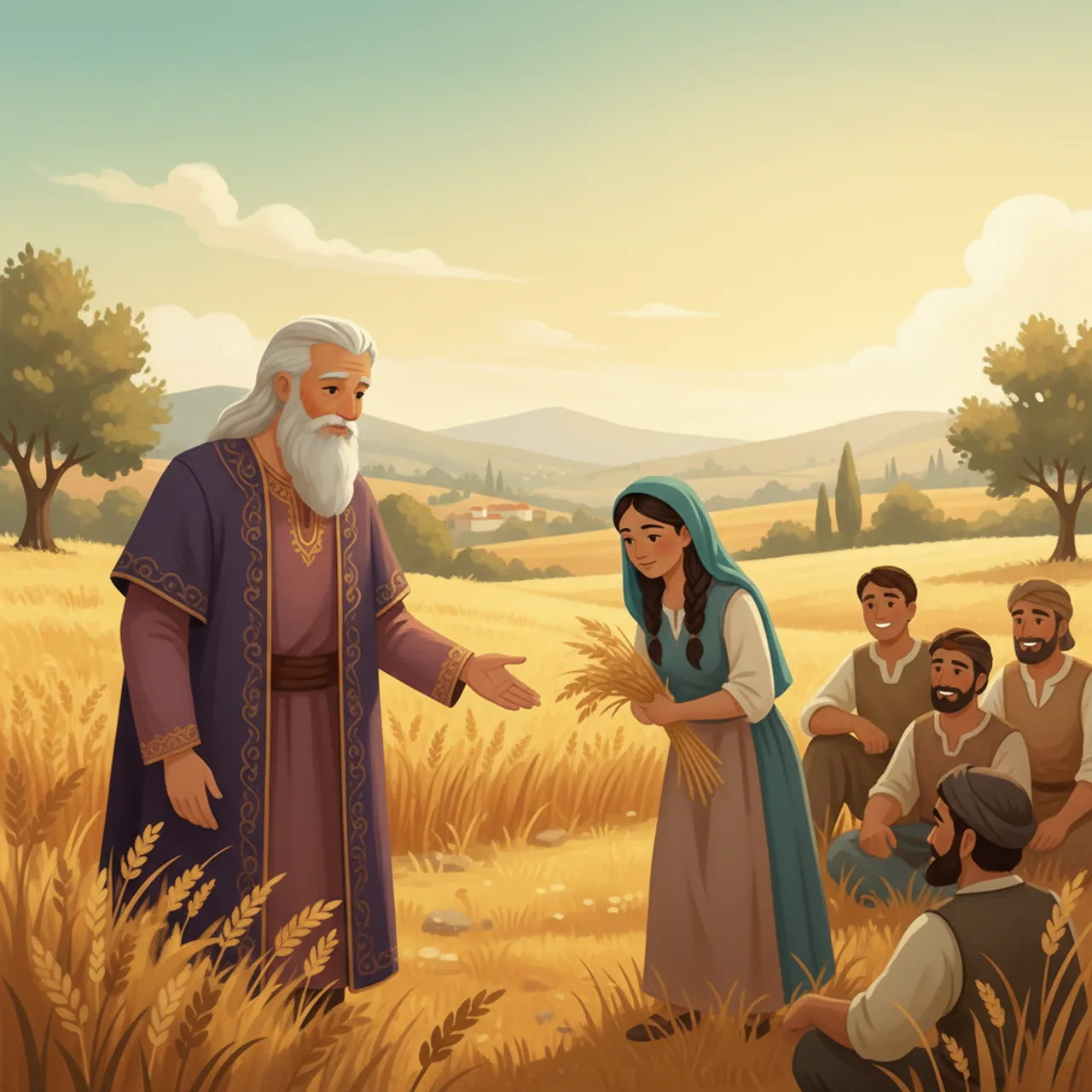 בֹּעַז, קְרוֹב מִשְׁפַּחַת אֱלִימֶלֶךְ, מְבָרֵךְ אֶת הַקּוֹצְרִים בְּשֵׁם ה׳ וּמַבְחִין בָּרוּת הַנָּכְרִית הַמְלַקֶּטֶת בְּשָׂדֵהוּ.